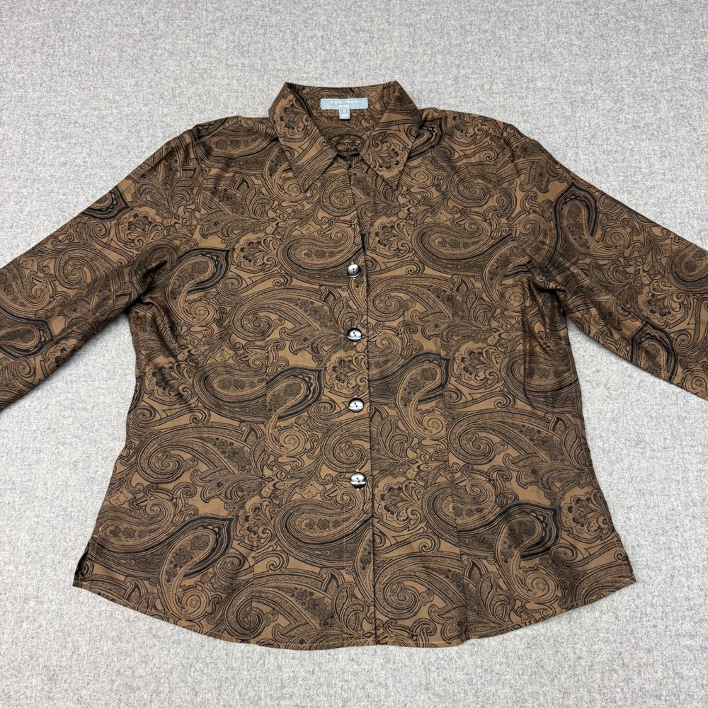 Foxcroft Paisley Non-Iron Fitted Button Up Shirt Size 14 Brown Black Cotton Top